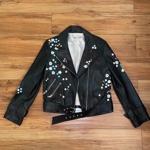 Black leather Sandy Liang jacket w/ flowers